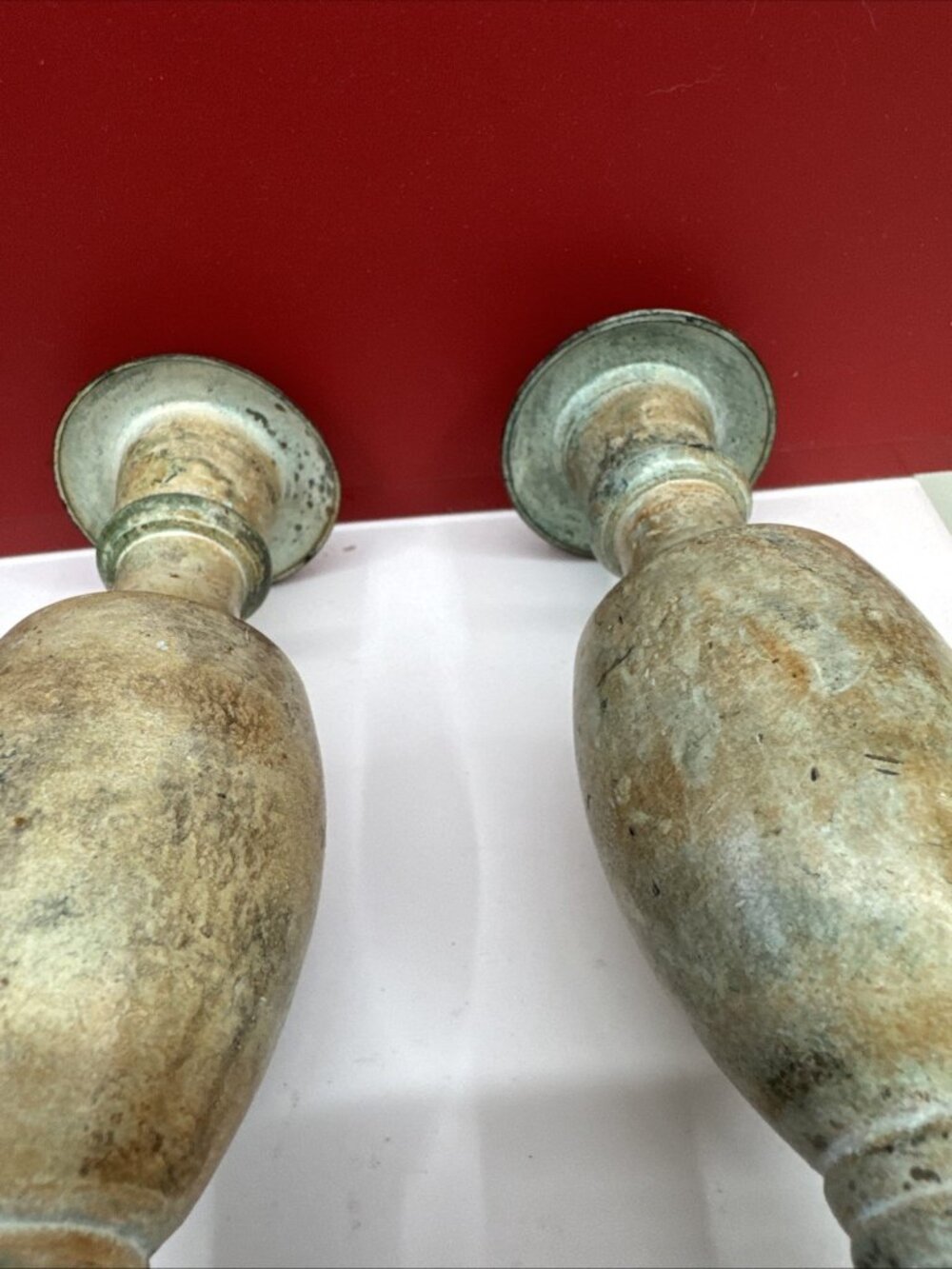 Vtg Rare Pair of Solid Bronze Candle Sticks Holders Gray Green Orange 6”x3” - Picture 6 of 10
